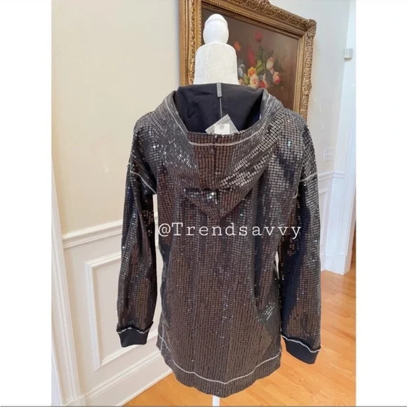 ANTHROPOLOGIE Sequined Hoodie Side Slit Sweater Tunic Pullover Top Black XS NWT - Picture 5 of 13